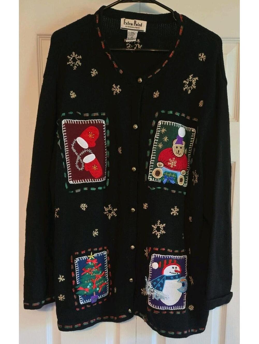 Vtg Extra Point By Reference Point Christmas Sweater Knit Cardigan Patchwork 2xl
